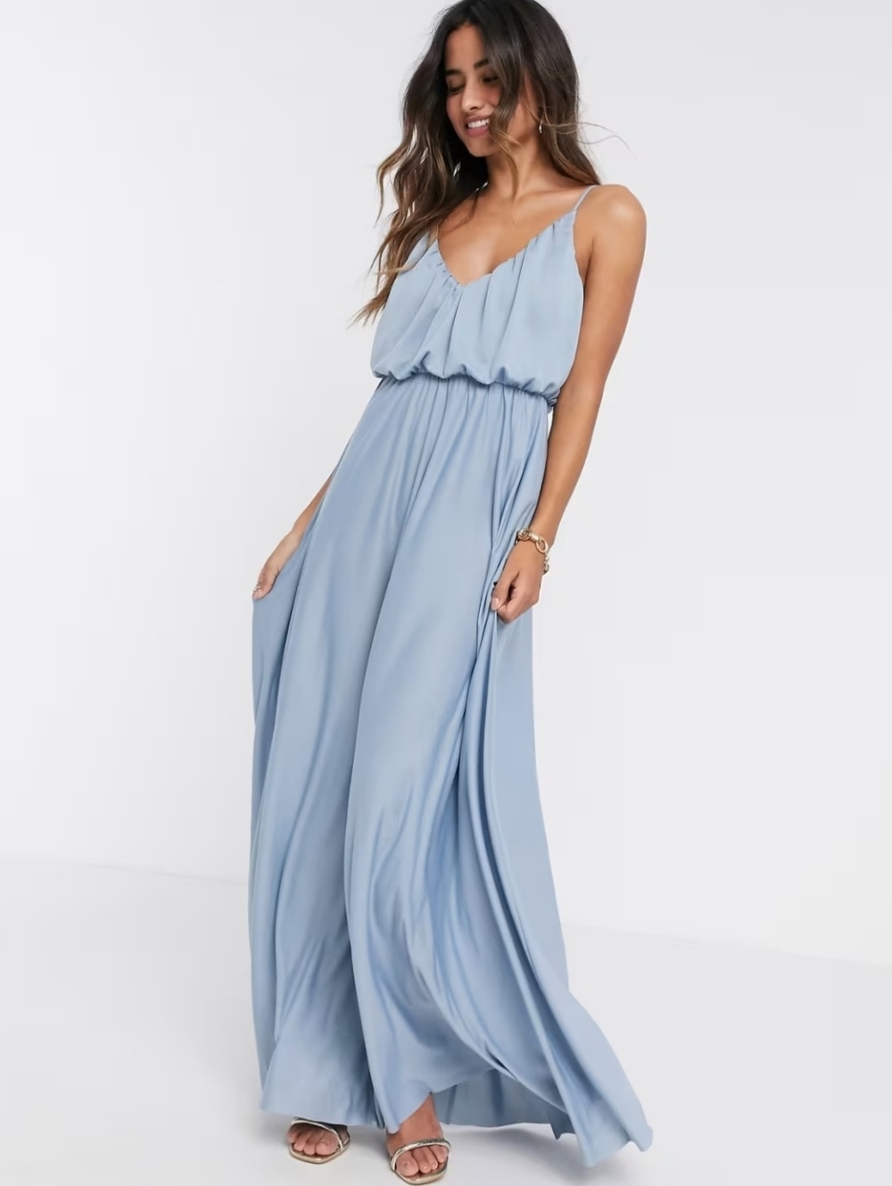 NWT ASOS Flowy Cami Maxi Dress with Blouson Top In Dusky Blue Size 4